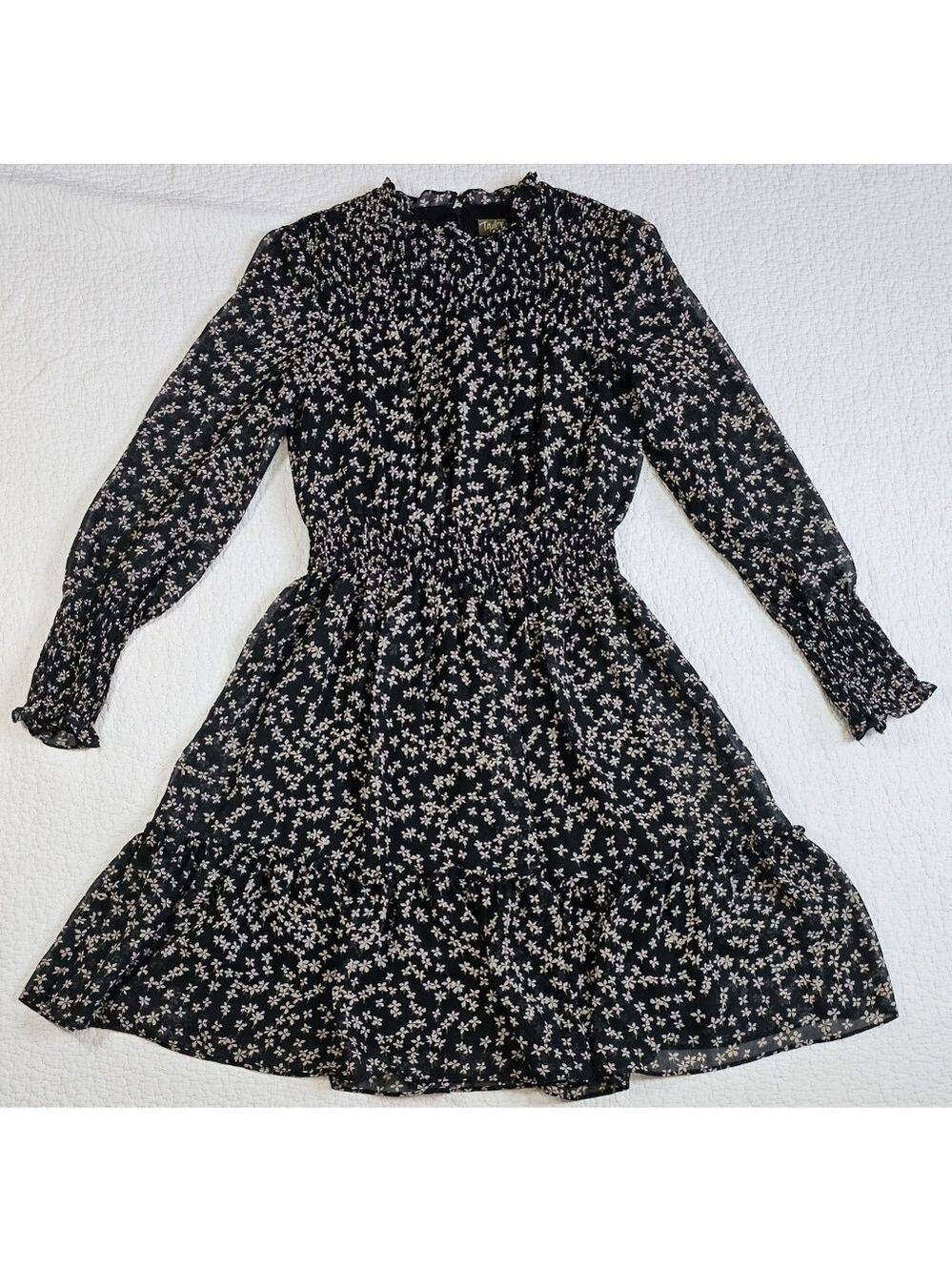 Taylor Women's Printed Smocked-Waist Tiered Chiffon Dress - Black/Latte - Picture 4 of 14